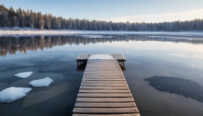 Serene frozen lake with a worn wooden dock, surrounded by snow-covered evergreen trees.