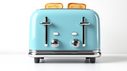 Fototapeta premium Retro teal toaster with two slices of golden brown toast on white background