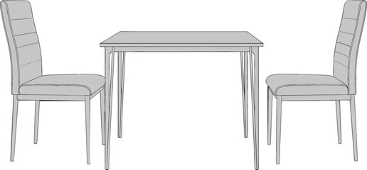  Simple vector illustration depicting a contemporary, small-scale dining room set with two sleek chairs and a rectangular table, ideal for architectural renderings and design blueprints.
