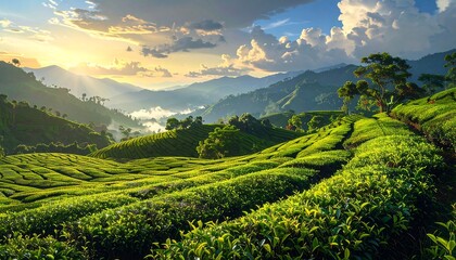 Scenic tea plantation landscape at sunrise with rolling hills and vibrant greenery