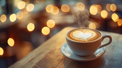 Obraz premium Romantic coffee cup with heart foam art on wooden table with warm lights in cozy blurred cafe