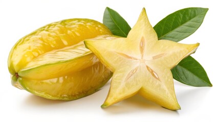 Starfruit whole and sliced with green leaves isolated on white background
