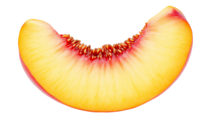 Peach slice with vibrant yellow flesh and red skin detail isolated on white background