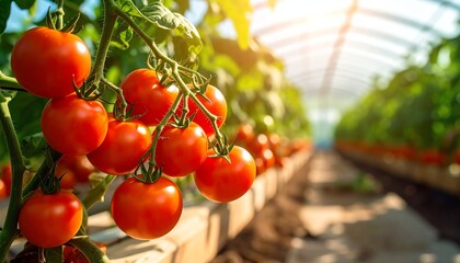 Ripe tomatoes sunlight greenhouse growth, fresh juicy clusters hanging on vibrant green vines, natural farming and healthy organic food concept.