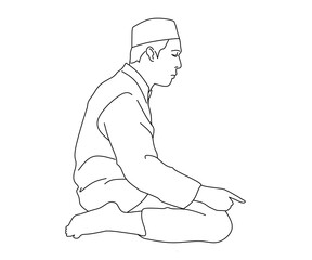 Muslim man praying line art image on white background,people muslim praying line drawing vector,muslim person sitting praying line vector, outline moslem praying illustration 