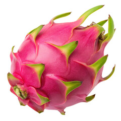 Dragon fruit with vibrant pink skin and green scales isolated on a white background