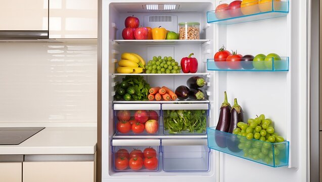 Kitchen refrigerator filled with fresh fruits and vegetables, neatly arranged on shelves, showcasing organized food storage, freshness, and healthy home eating habits - Powered by Adobe