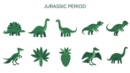 Green flatstyle illustrations of various dinosaurs and plants under the heading JURASSIC PERIOD © Faisal