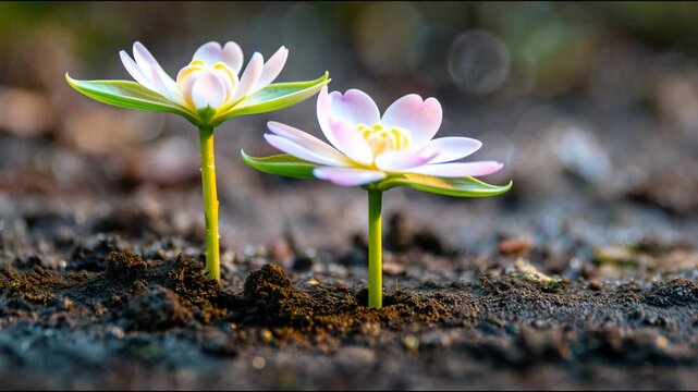 Two small seeds germinating from the soil and growing into beautiful blooming pink flowers