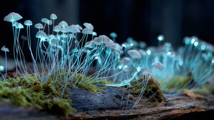 Bioluminescent fungi glow on mossy log in forest, creating magical atmosphere