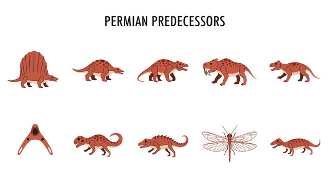 Illustrations of ten Permian period life forms including reptiles and an insect