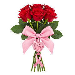 Romantic bouquet of red roses with pink ribbon and heart