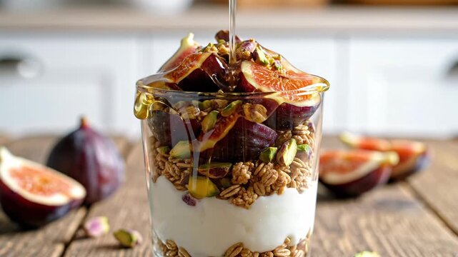 Gourmet parfait in a glass, with layers of granola, yogurt, figs, nuts, and a stream of honey