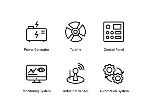 Power Generator Turbine Control Panel Monitoring System Industrial Sensor Automation Minimal Bold Line Icon Set
