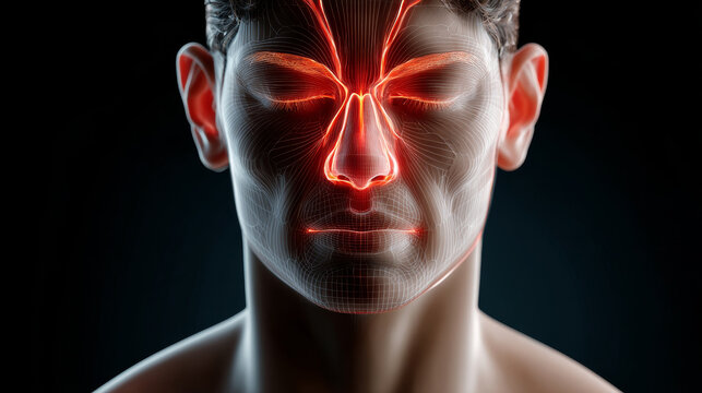 Chroni and Sinusitis concept ,Transparent face outline with glowing red sinus, conveying futuristic and medical theme