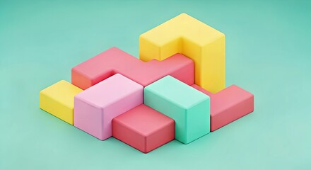 Obraz premium Colorful Three Dimensional Blocks on Light Blue Background in Abstract Isometric View