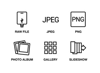 RAW File JPEG PNG Photo Album Gallery Slideshow Minimal Bold Line Icon Set Arranged