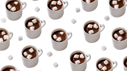 Hot chocolate mugs with marshmallows seamless pattern cozy winter drink flat lay food photography isolated on white background