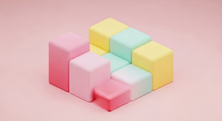 Obraz premium Colorful Three Dimensional Blocks Stacked in a Pyramid Shape on a Bright Pink Background
