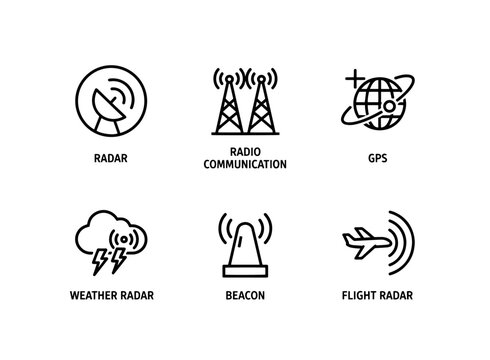 Radar Radio Communication GPS Weather Radar Beacon Flight Radar Minimal Bold Line Icon Set