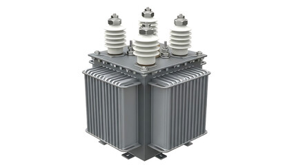 Three phase oil immersed power distribution transformer with bushings for electrical substation equipment isolated on transparent background