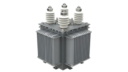 Three phase oil immersed power distribution transformer with bushings for electrical substation equipment isolated on transparent background