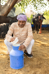 Senior indian dairy farmer open lid of milk container to check quality and production. People of india.