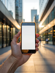 Hand Holding Smartphone with Blank Screen on Modern City Street at Golden Hour