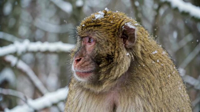 Close-up of macaques in the snow