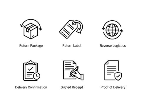 Return Package Return Label Reverse Logistics Delivery Confirmation Signed Receipt Minimal Bold Line Icon Set