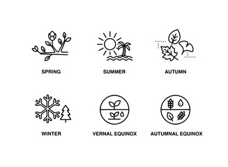 Seasonal Change Spring Summer Autumn Winter Equinox Minimal Bold Line Icon Set