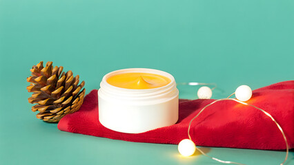 Anti Aging Christmas Skincare A jar of yellow cream on a red cloth with a pine cone and festive string lights against a teal background.