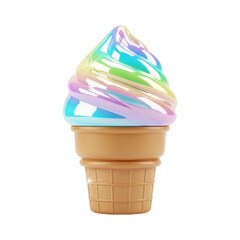 A fun and colorful 3D rendering of a soft-serve ice cream cone. The twisted ice cream swirl features a glossy, iridescent, or holographic rainbow effect with pastel shades of pink, blue, yellow