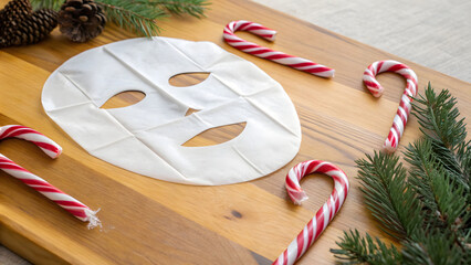 Anti Aging Christmas Skincare Facial sheet mask with candy canes and pine branches on a wooden table, evoking a festive spa setting.