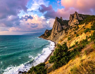 Coastal landscape dramatic cliffs meet turquoise sea under cloudy sunset