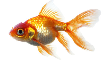 Obraz premium Goldfish bright orange freshwater fish flowing fins aquatic animal studio macro photography detailed scales isolated on white background 