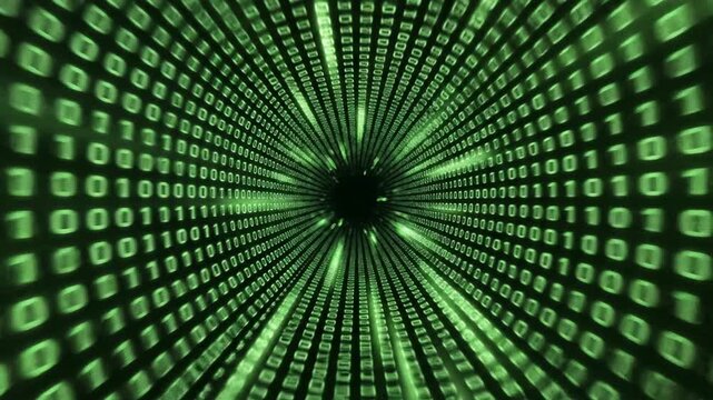 Green binary code tunnel, digitally generated, with a central dark point, emanating light and data