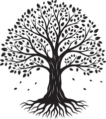 Fototapeta premium Illustration of black tree silhouette with leaves and roots on colored background