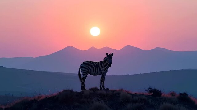 Zebra Silhouette at Sunset with Mountains and Sky