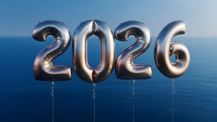 Shiny silver 2026 balloons floating on water