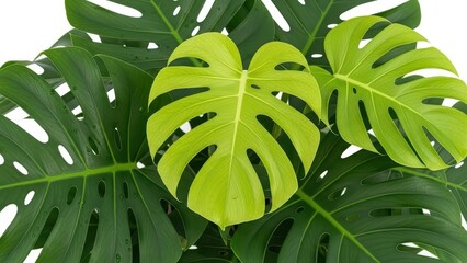 Obraz premium Monstera Deliciosa Leaves, Green Tropical Plant, Swiss Cheese Plant, White Background.