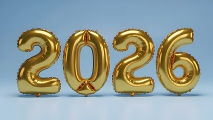 Golden balloons displaying the year 2026 on a blue background