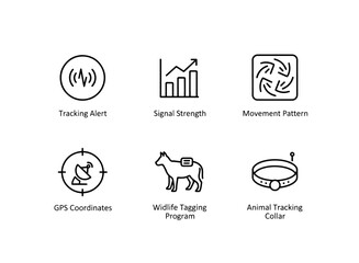 Obraz premium Tracking Alert Signal Strength Movement Pattern GPS Coordinates Wildlife Tagging Icon Set