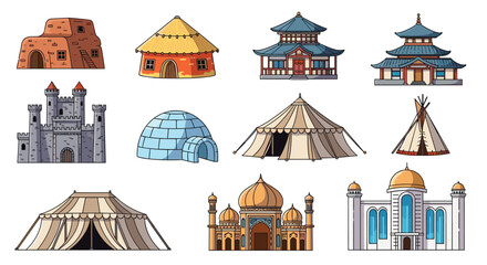 Set of various traditional and historic houses from different cultures around the world, including an igloo, castle, teepee, and pagoda. Global architecture vector collection.