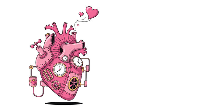 Intricate pink mechanical heart illustration in a detailed steampunk style, with gears, gauges, and pipes, emitting heart-shaped steam. Love and technology vector concept.