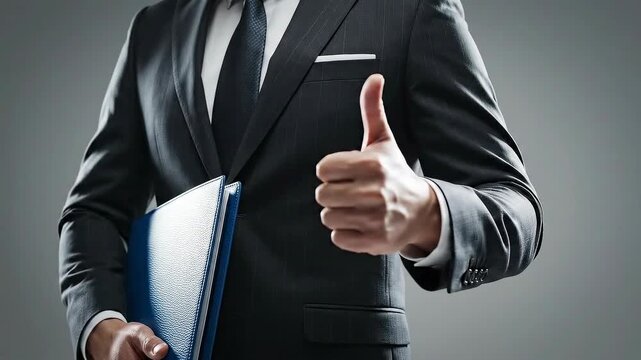 Businessman in a suit giving a thumbs up gesture while holding a folder.
