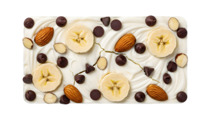 Assortment of nuts and dried fruit pieces on a white plate isolated on transparent background