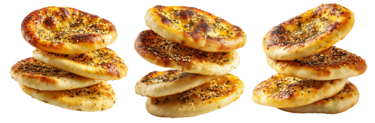 Manakish flatbreads bread slices topped with za'atar, cheese and sesame seeds, isolated on white transparent background