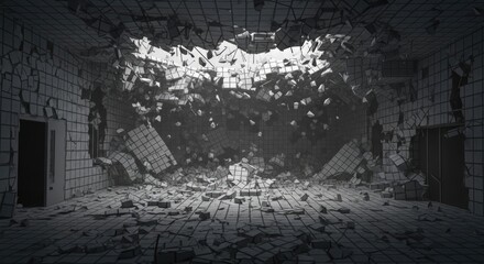 Obraz premium Damaged Room Interior with Broken Ceiling and Debris in Black and White Tones