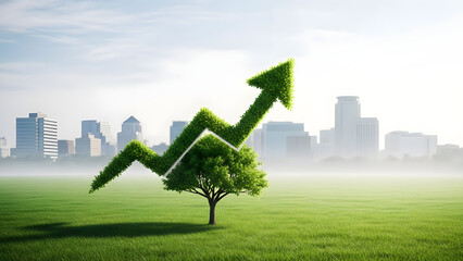 Symbolic representation of environmentally conscious business success with an upward graph arrow formed by vibrant green foliage and a tree base